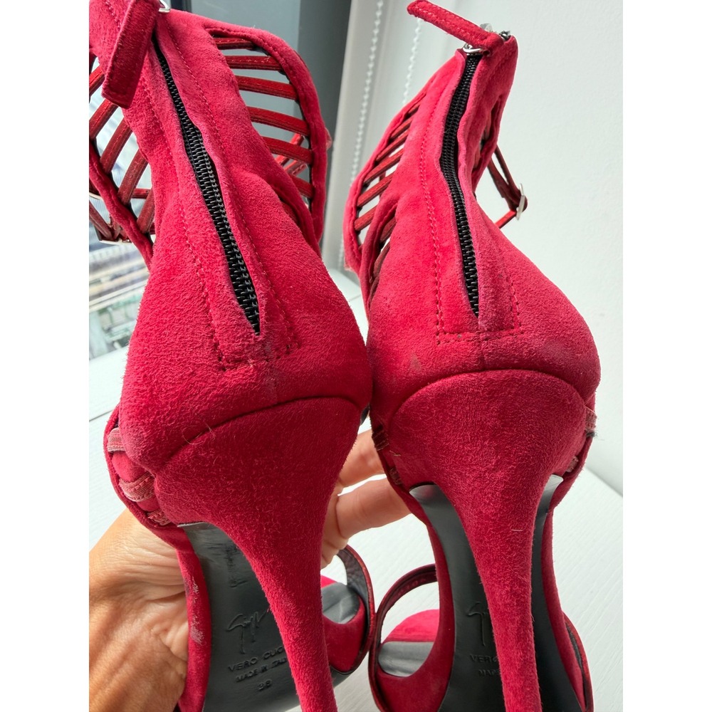 Giuseppe Zanotti Red Suede Metallic Satin Cage Stiletto Sandals Heels Size 38 - Picture 10 of 12